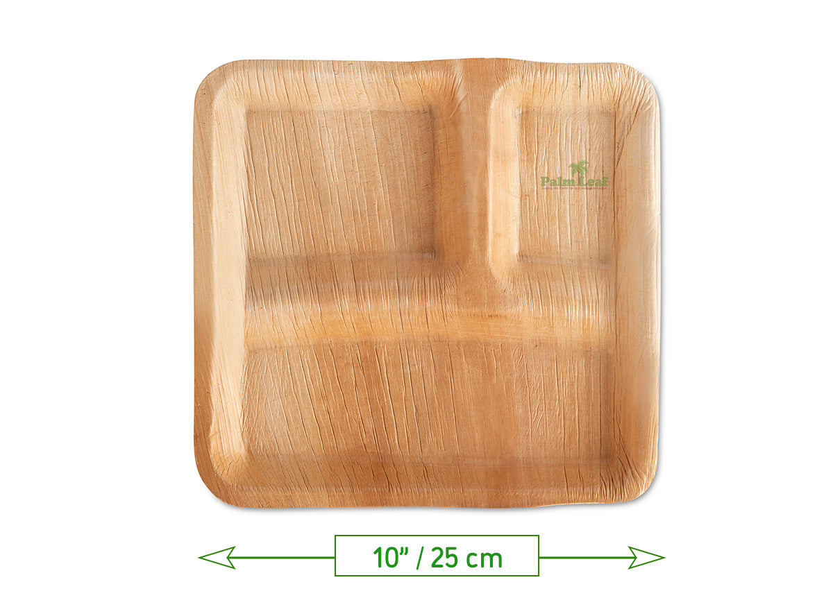 10" 3 Compartment Square (Large) - Palm Leaf Tableware