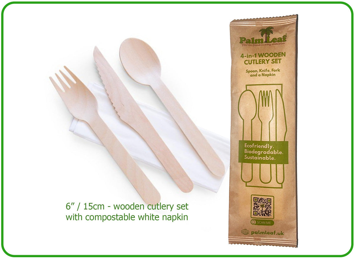 Cutlery 4 in 1 (Birchwood Fork, Knife, Spoon and a Napkin)