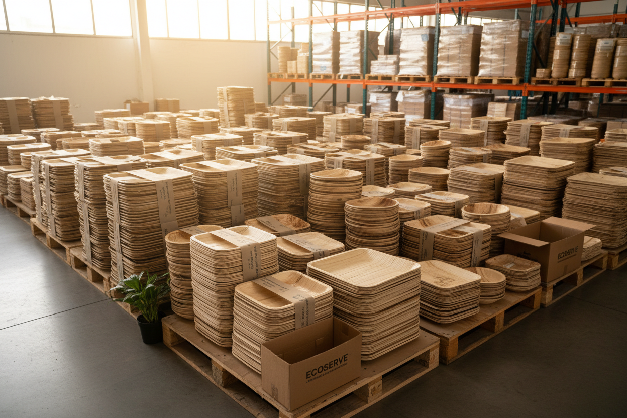 Create an image suitable for a B2B page - where we will be talking about bulk orders of palm leaf tableware